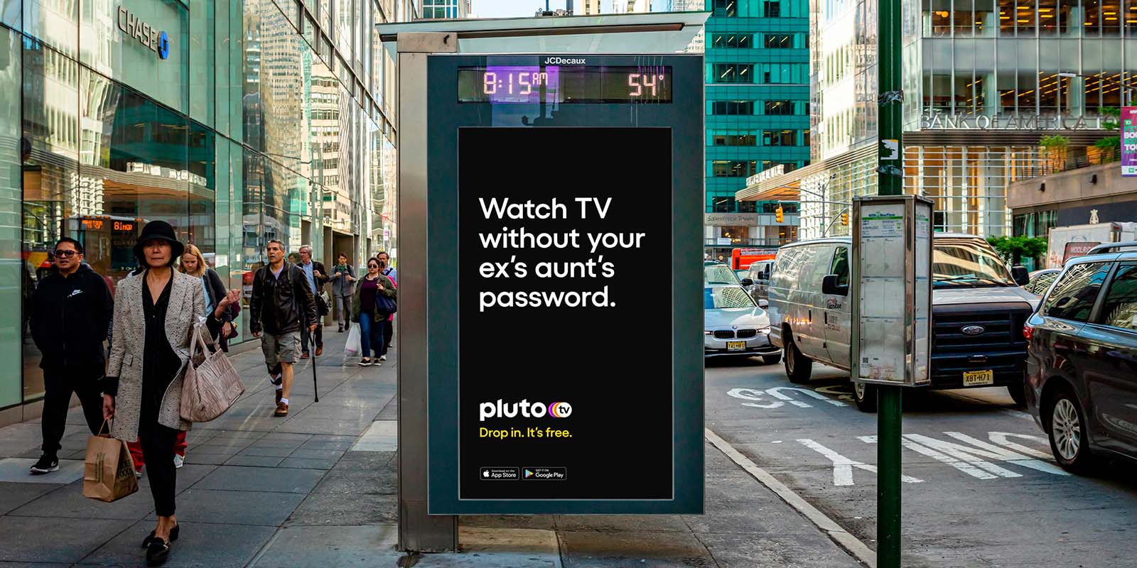 An example of out-of-home advertising for Pluto TV.